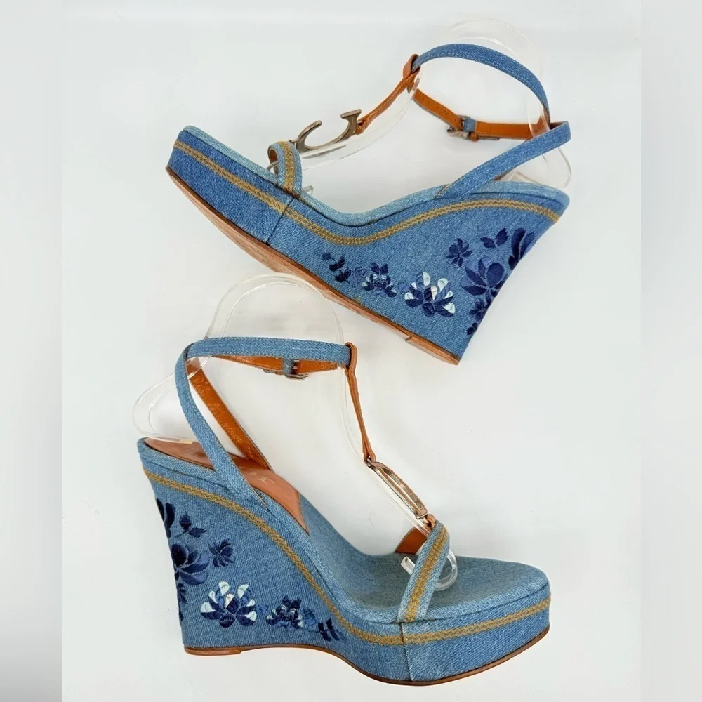 Christian Dior Vintage Denim Leather CD logo floral embroidered wedge heels 38.5